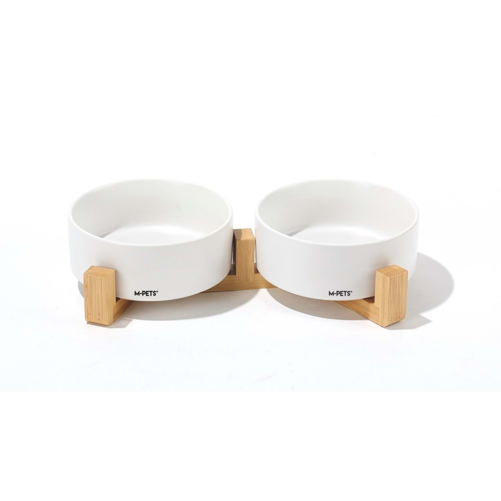 M-Pets Opera Seramik Mama Kabı Bamboo Standlı 2x350Ml White