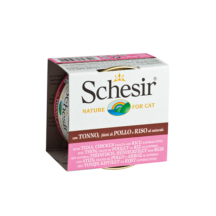 Schesir Ton Balıklı Tavuk Filetolu ve Pirinçli Pişirme Suyunda Yetişkin Kedi Konservesi 85g