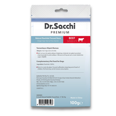 Dr.Sacchi Premium Sığır Etli Doğal Sığır Derisi Press Kemik Tahılsız Köpek Ödülü 3'' 5'li 100 Gr