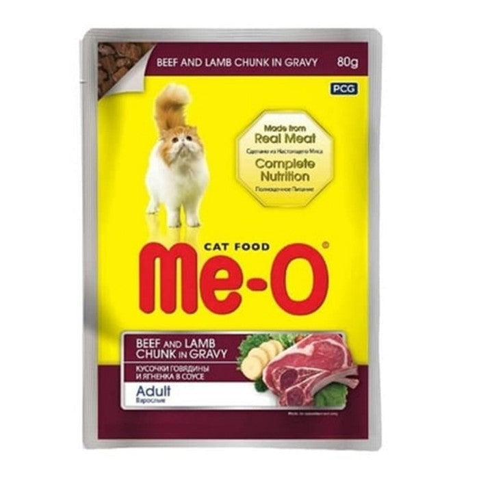 Me-O Sos içinde Dana Etli ve Kuzu Etli Yetişkin Kedi Pouch 80gr