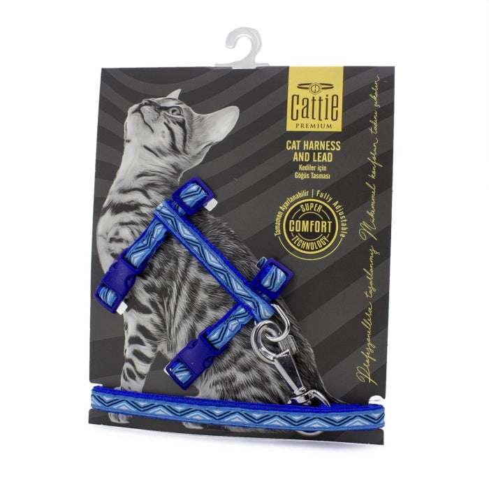 Cattie Desenli Kedi Göğüs & Gezdirme Takımı Royalmavi 1X25-40Cm