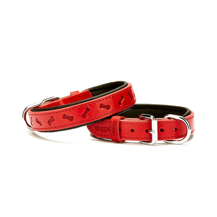 Doggie Konfor Deri Kemik Desenli Boyun Tasması Kırmızı 2,5X37-45Cm