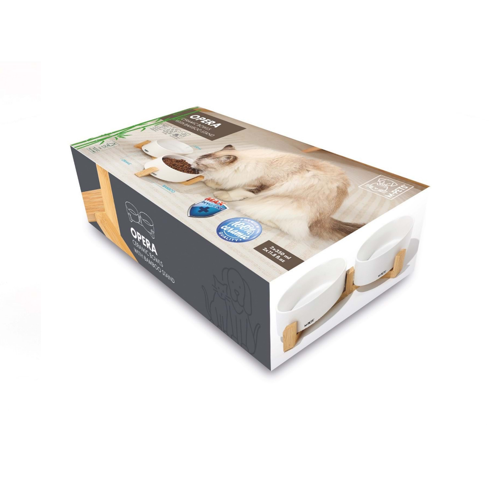 M-Pets Opera Seramik Mama Kabı Bamboo Standlı 2x350Ml White
