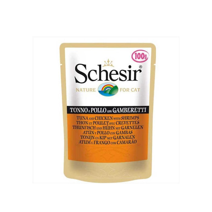 Schesir Jelly Ton Balıklı Tavuk Filetolu ve Karidesli Jöle İçinde Yetişkin Kedi Pouch 85g