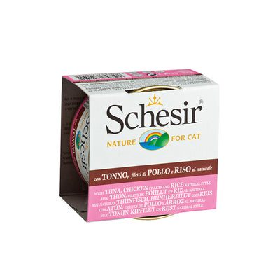 Schesir Ton Balıklı Tavuk Filetolu ve Pirinçli Pişirme Suyunda Yetişkin Kedi Konservesi 85g