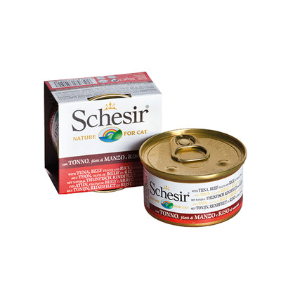Schesir Ton Balıklı Sığır Filetolu ve Pirinçli Pişirme Suyunda Yetişkin Kedi Konservesi 85g