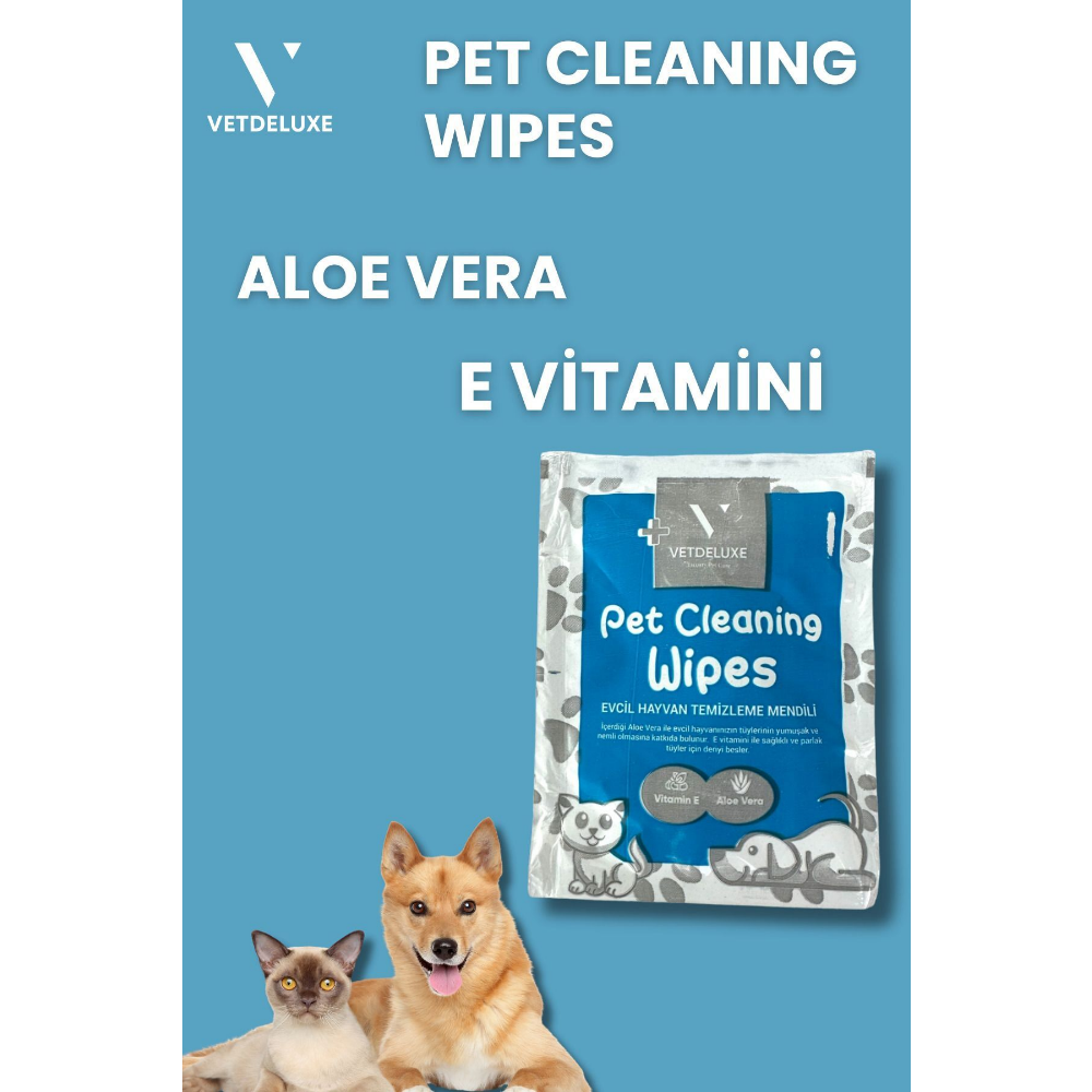 VETDELUXE Pet Cleaning Wipes E Vitamini Aloe Vera Destekli Evcil Hayvan Temizleme Havlusu 21x21 Cm