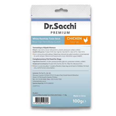 Dr.Sacchi Premium Tavuklu Beyaz Sığır Derisi Burgu Çubuk Tahılsız Köpek Ödülü 5'' 5'li 100 Gr