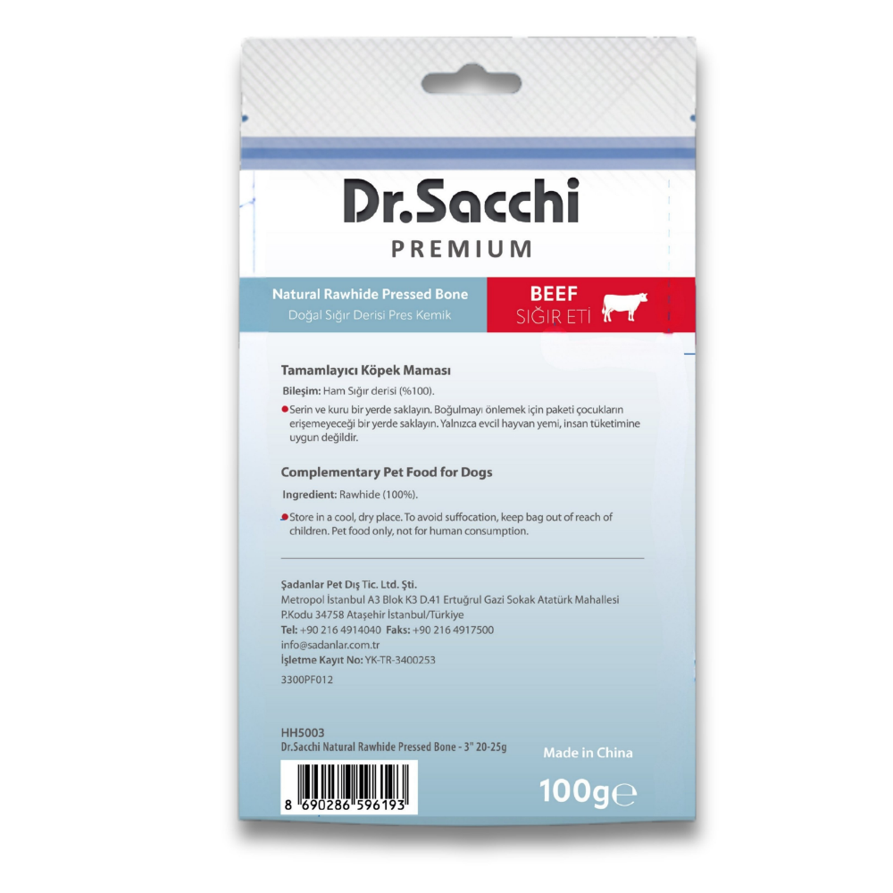 Dr.Sacchi Premium Sığır Etli Doğal Sığır Derisi Press Kemik Tahılsız Köpek Ödülü 3'' 5'li 100 Gr