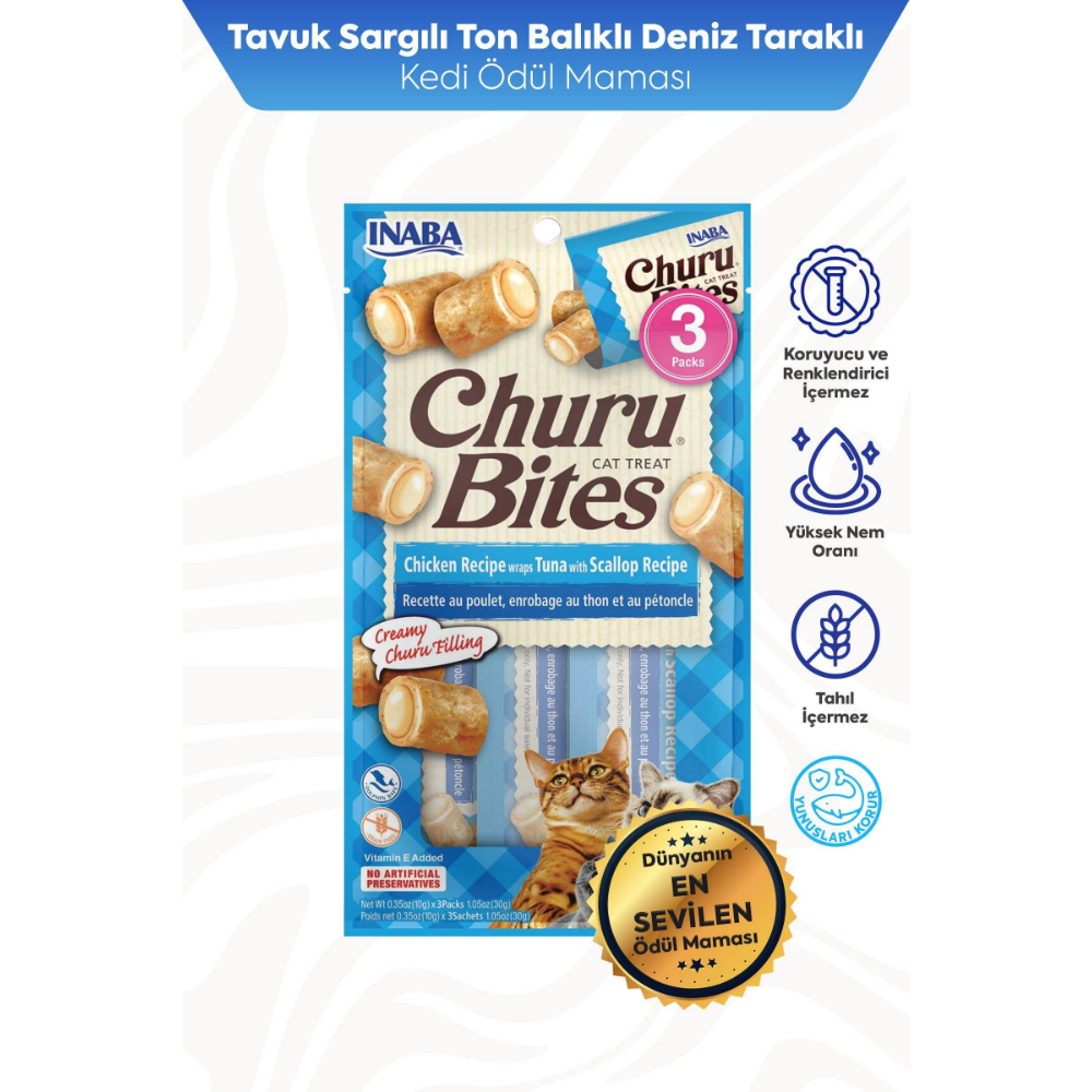 Inaba Ciao Churu Bites Tavuk Sargılı, Deniz Taraklı ve Ton Balıklı Kedi Ödül Maması 3 x 10 Gr