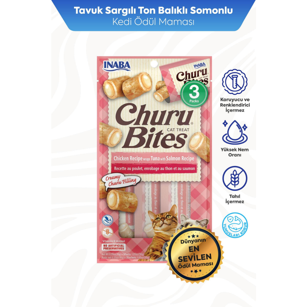 Inaba Ciao Churu Bites Tavuk Sargılı , Ton Balıklı ve Somonlu Kedi Ödül Maması 3 x 10 Gr