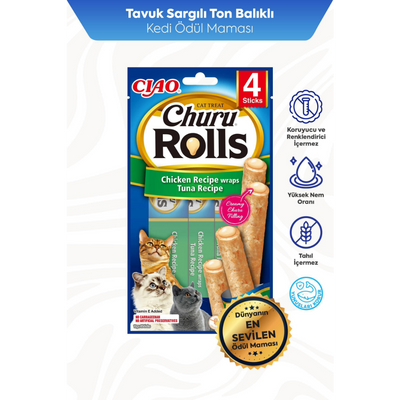 Inaba Ciao Churu Rolls Sticks Tavuk Sargılı & Ton Balıklı Kedi Ödül Maması 4 x 10 Gr