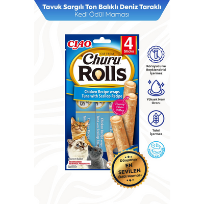 Inaba Ciao Churu Rolls Sticks Deniz Taraklı, Tavuk Sargılı ve Ton Balıklı Kedi Ödül Maması 4 x 10 Gr