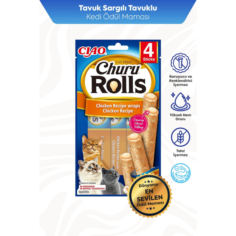Inaba Ciao Churu Rolls Sticks Tavuk Sargılı Kedi Ödül Maması 4 x 10 Gr