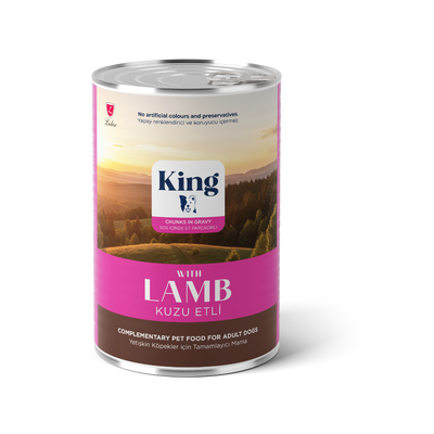 King Sos İçinde Et Parçacıklı Kuzu Etli Yetişkin Köpek Konserve 400gr