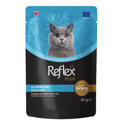 Reflex Plus Pouch Sos İçinde Et Parçacıklı Beyaz Balıklı Yetişkin Kedi Maması 85 G