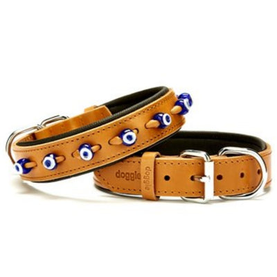 Doggie Konfor Deri Nazar Boncuklu Boyun Tasması Camel 3X42-50Cm