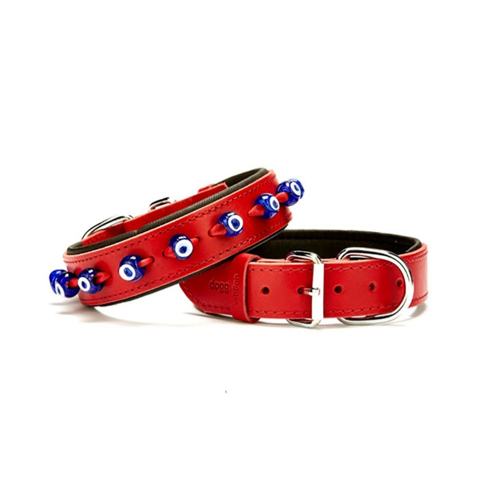Doggie Konfor Deri Nazar Boncuklu Boyun Tasması Kırmızı 3,5X47-55Cm
