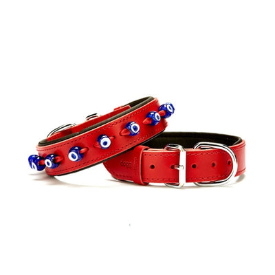 Doggie Konfor Deri Nazar Boncuklu Boyun Tasması Kırmızı 3,5X47-55Cm