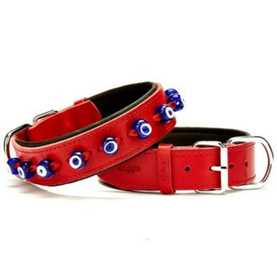Doggie Konfor Deri Nazar Boncuklu Boyun Tasması Kırmızı 4X47-55Cm