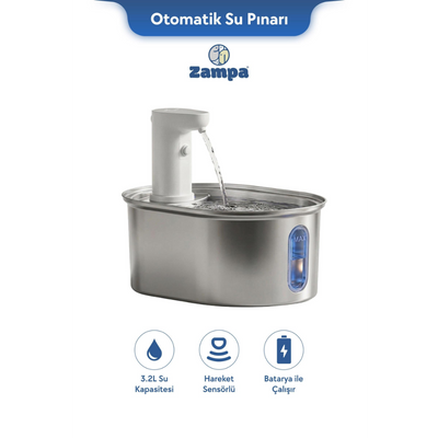 Zampa Oval Paslanmaz Çelik Pet Otomatik Su Pınarı (Bataryalı)
