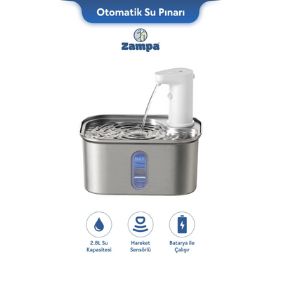 Zampa Kare Paslanmaz Çelik Pet Otomatik Su Pınarı (Bataryalı)